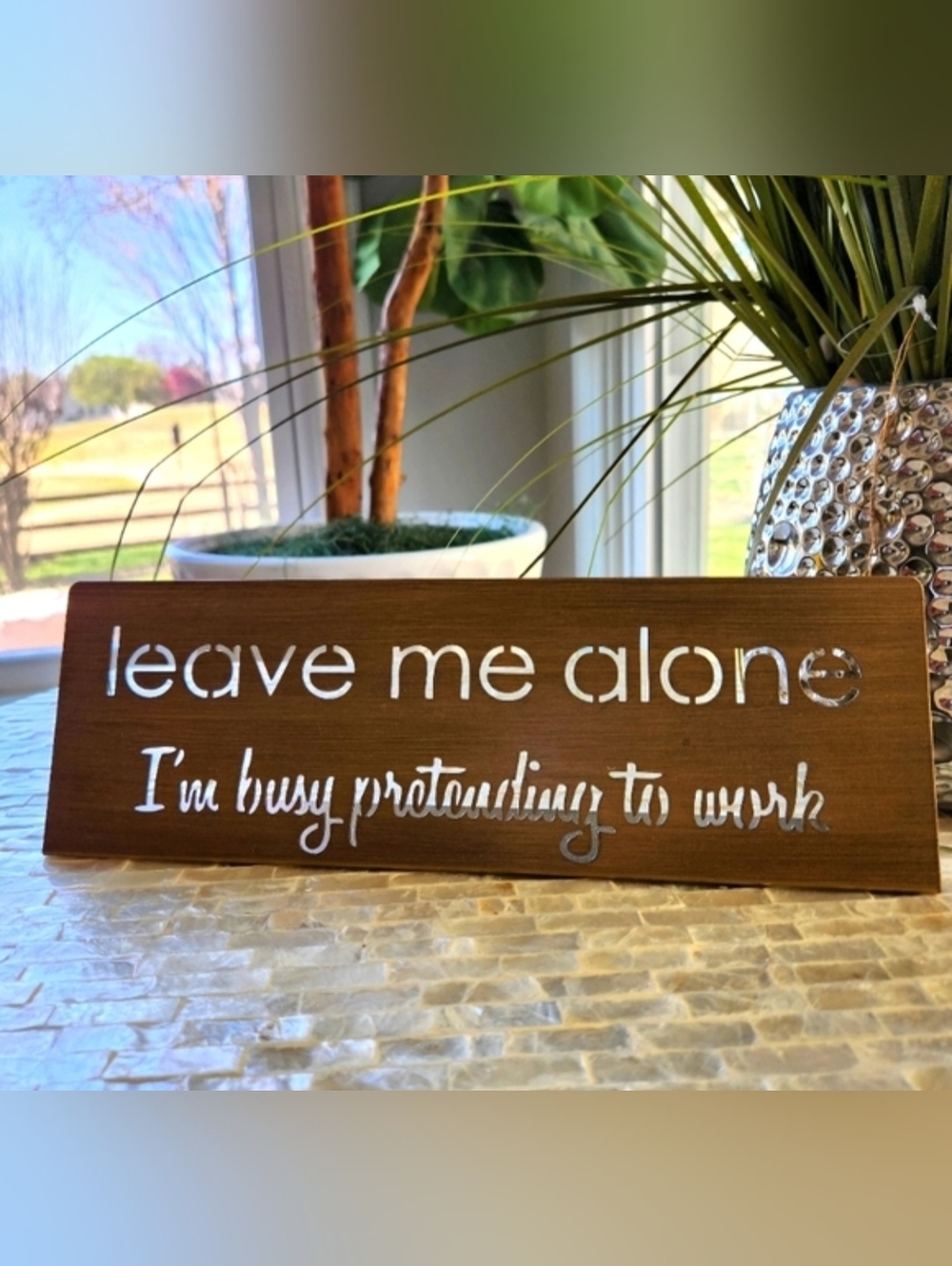 Bronze 'Leave Me Alone' Decorative Sign - Brown with White Lettering - Picture 1 of 3